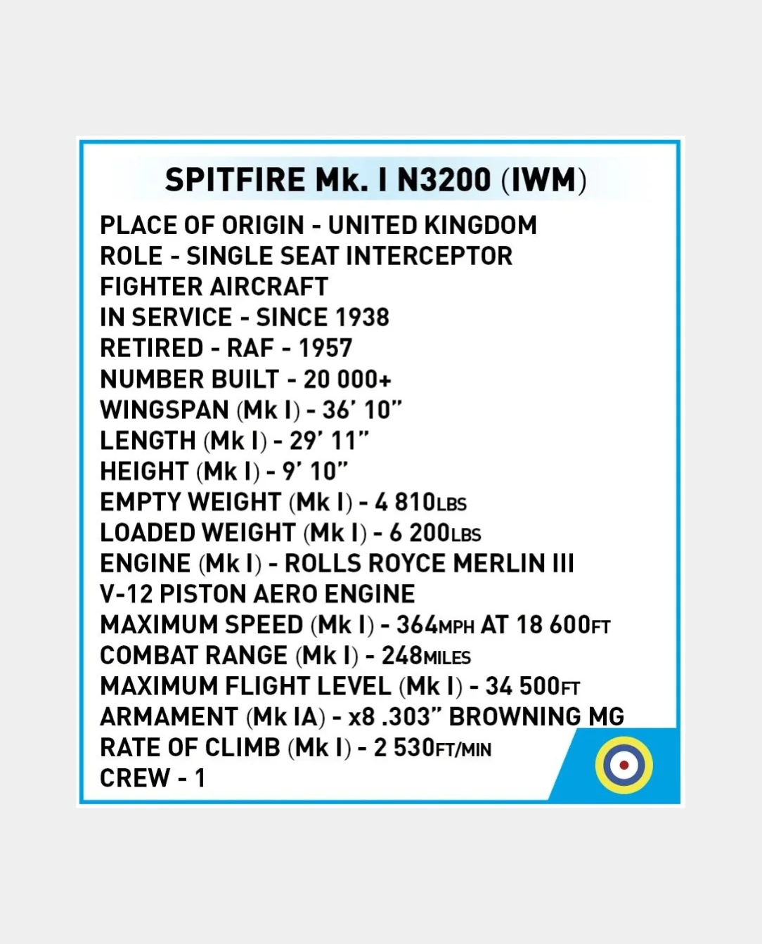 COBI N3200 Spitfire Mk I Brick Set - Image 6
